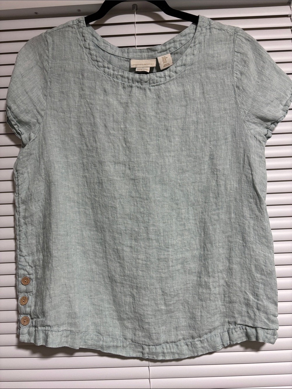Cynthia Rowley Light Seafoam Linen Short Sleeve Blouse